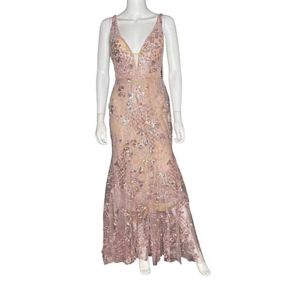 Mac Duggal Rose Pink Floral Embellished Sleeveless Plunge Neck Gown Women’s Sz 4 - Picture 2 of 10